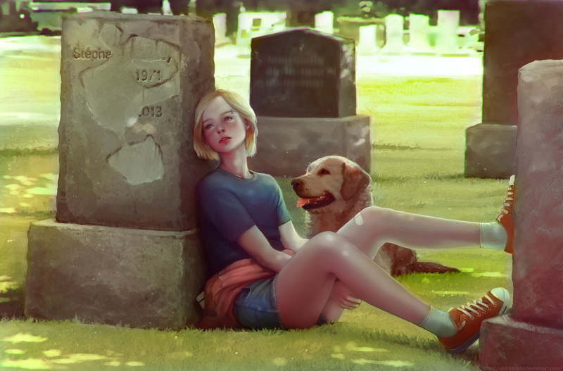 T-shirt, on the floor, artwork, graveyards, on the ground, hands between legs, 1080P, women, legs, blonde, outdoors, spread legs, pierced eyebrow, looking at the side