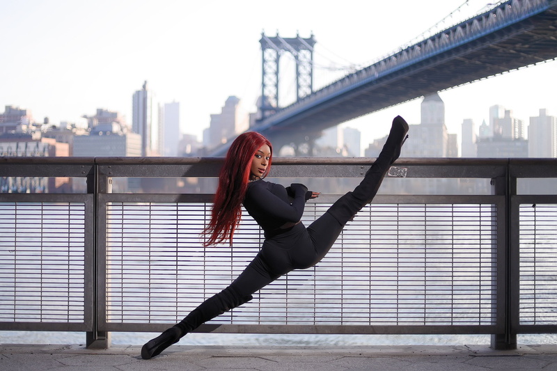 legs, spread legs, 2K, women, dyed hair, flexible, city, urban, redhead, bridge, looking at viewer, long hair