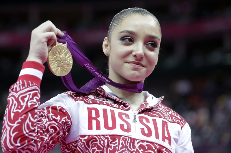 background, holding, girl, white, gymnast, emotion, Summer Olympic games 2012, red, beauty, headshot, leisure activity, child, Aliya Mustafina, RUSSIA