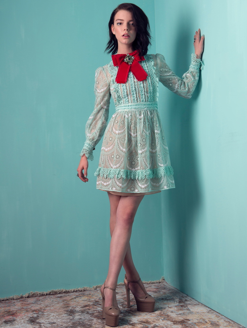 dark hair, actress, 2K, brunette, women, blue background, Anya Taylor-Joy, standing, blue dress