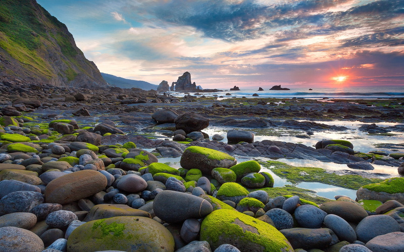 Sun, Beach, grey, Moss, Stone, 1080P, Rises