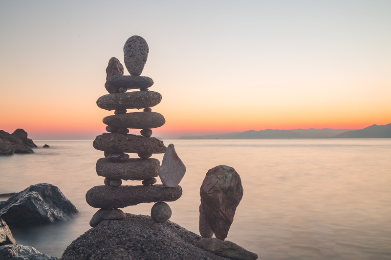 sunset, nature, stone, scenics - nature, water, sky, rock - object, horizon over water, rock, non-urban scene, 5K, balancing, stack, stone - object, land