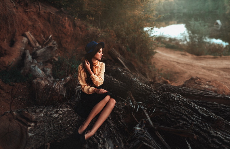 land, casual clothing, forest, rock - object, hairstyle, skirt, real people, women, young adult, tree, shirt, auburn hair, rock, clothing, sitting, Maks Kuzin