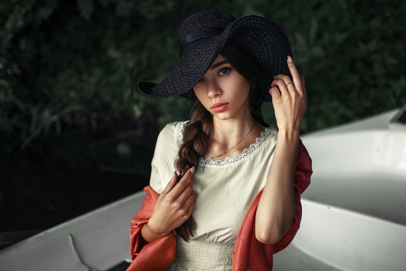 dress, boat, hat, face, brunette, women, women outdoors, millinery, 1080P, braids, scarf, juicy lips, portrait, Maks Kuzin