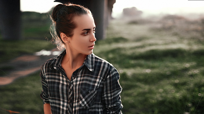 brunette, model, depth of field, shirt, portrait, looking away, women, Maks Kuzin, face, 1080P