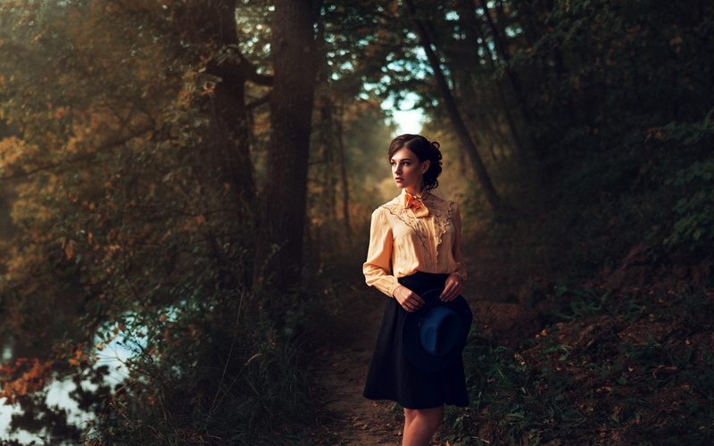 forest, women, Maks Kuzin, 1080P, women outdoors, auburn hair, skirt, shirt, model, looking away, hat