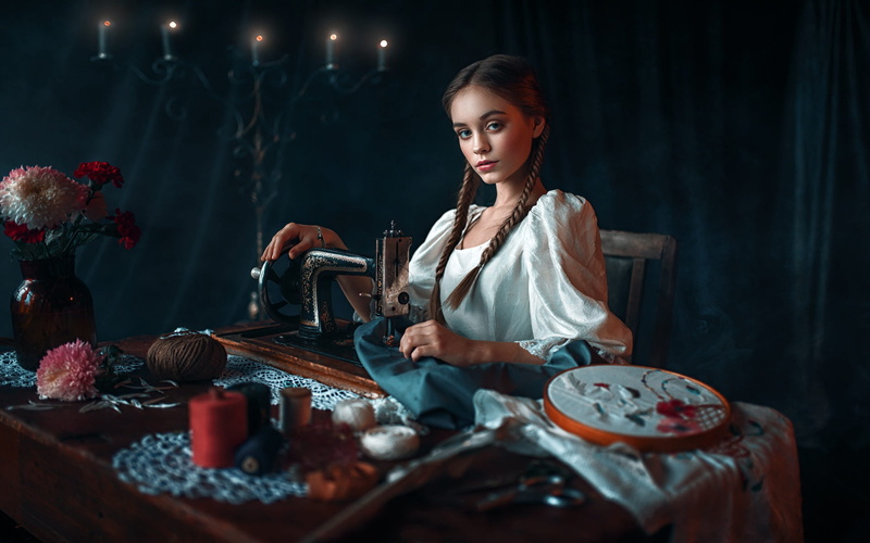 braids, sewing machine, 1080P, women, brunette, Maks Kuzin, looking at viewer, portrait, model, blue eyes, white shirt