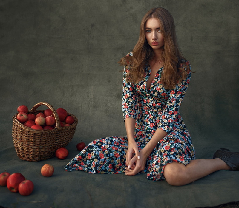 720P, on floor, cleavage, long hair, apples, colorful, makeup, women, wavy hair, looking at viewer, dress, baskets, open clothes, brunette, food, Maks Kuzin