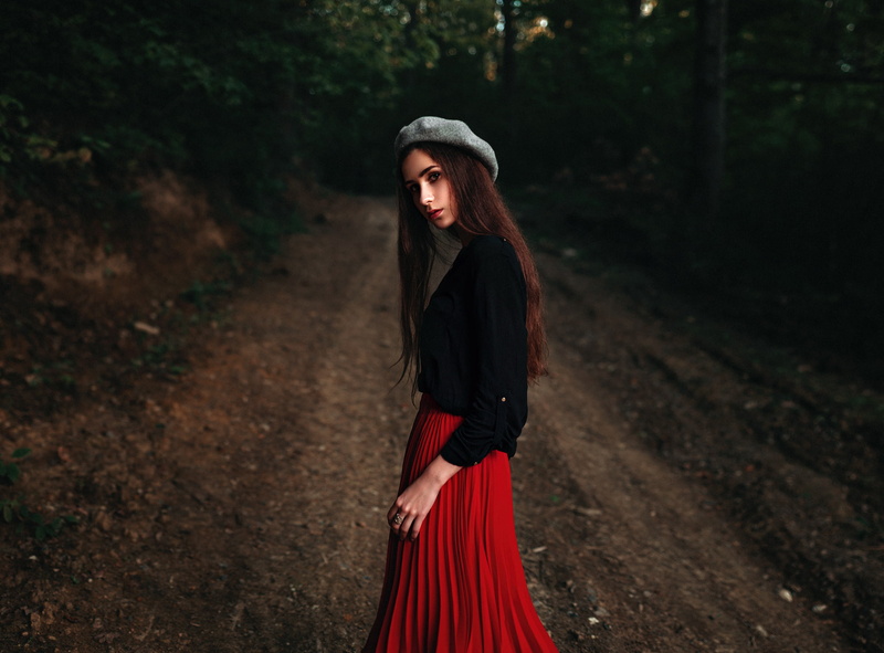 young, bokeh, light, nature, forest, model, jacket, sweetheart, Maks Kuzin, beautiful, the beauty, look, hat, Lina, skirt, girl, natural, track, portrait