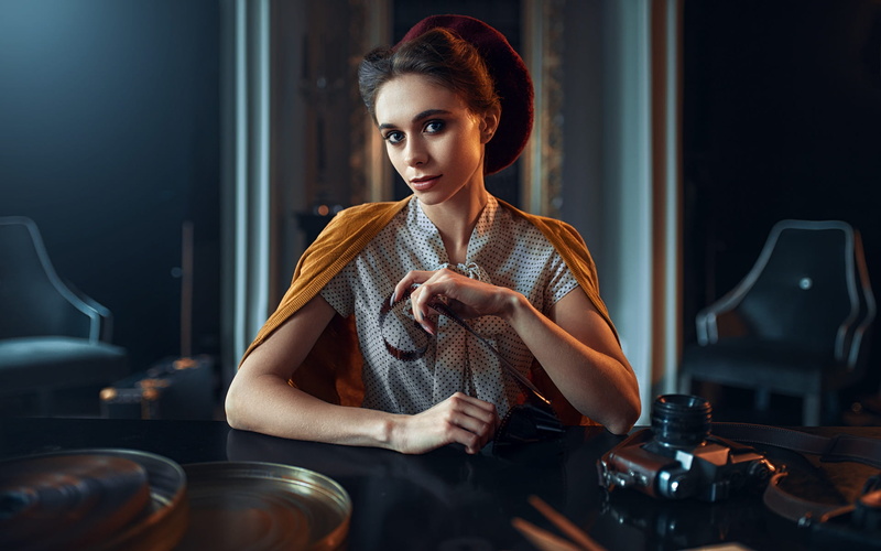 blouse, women, portrait, cardigan, model, looking at viewer, brunette, camera, 1080P, white shirt, sitting, red lipstick, blue eyes, Maks Kuzin, polka
