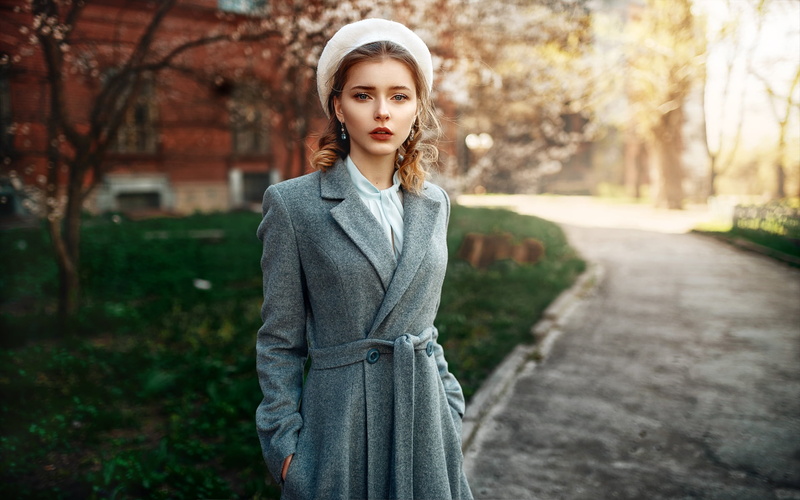 women, coats, grey coat, outdoors, earring, portrait, model, vintage, depth of field, blossom, blonde, women outdoors, blue eyes, hands in pockets, berets