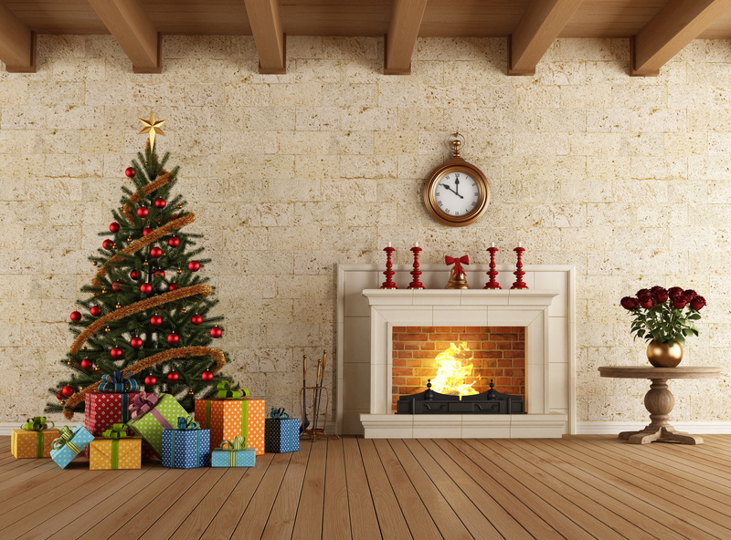New Year, rendering, 4K, Watch, Fireplace, Tree, roses, Board, Gifts, Interior