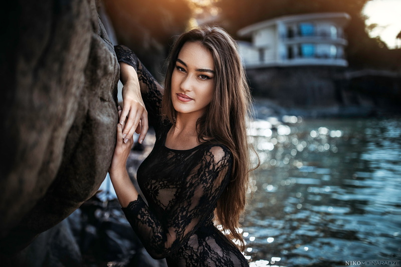long hair, 1080P, nature, looking at viewer, beauty, brunette, fashion, young women, lace, one person, brown hair, young adult, adult, hair, see-through clothing