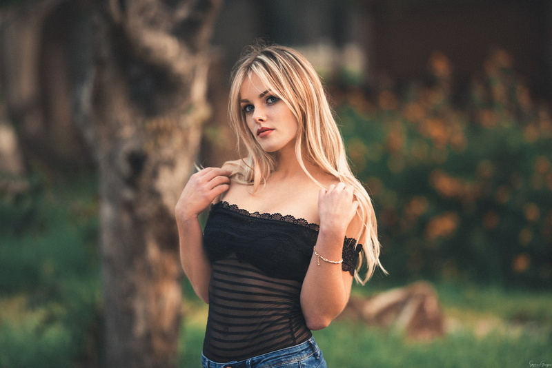 hair, women, hairstyle, blue eyes, fashion, beauty, women outdoors, beautiful woman, see-through clothing, tree, outdoors, depth of field, nature, waist up