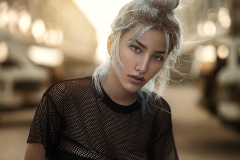 1080P, nose rings, bokeh, dyed hair, women, portrait, see-through clothing, face