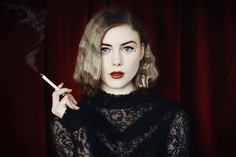 curtain, front view, headshot, lipstick, portrait, indoors, hair, see-through clothing, cigarettes, beautiful woman, women, blue eyes, hairstyle, 4K, beauty