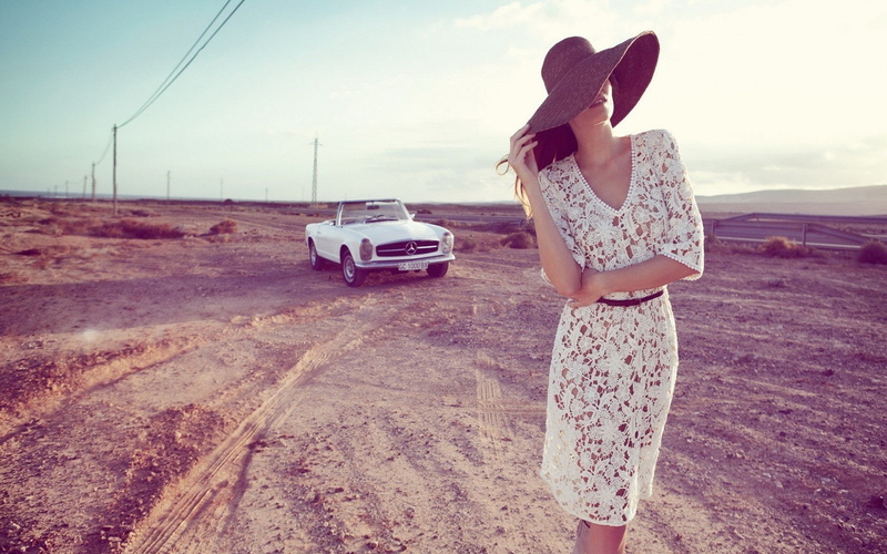 car, photography, women, model, Vintage car, Mercedes-Benz, 1080P, see-through clothing, landscape