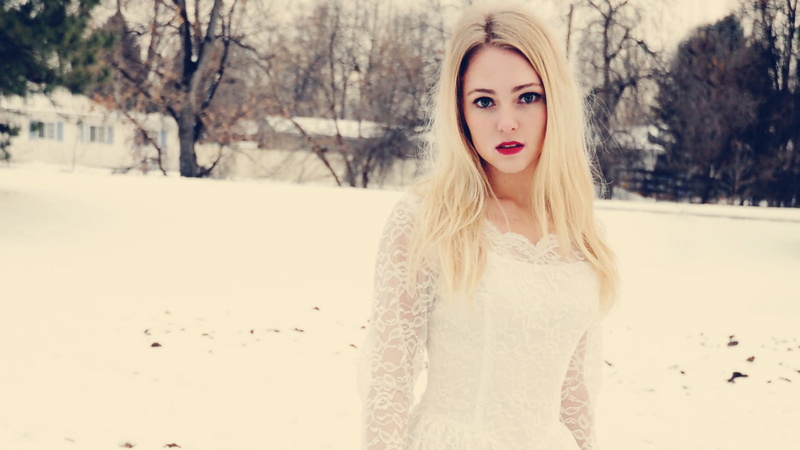 young adult, clothing, dress, winter, looking at camera, women outdoors, looking at viewer, hairstyle, lace, snow, blond hair, lipstick, make-up, portrait