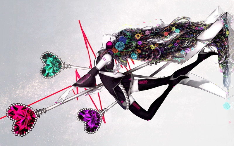 ornaments, anime, detached, stockings, tie, roses, reflections, twintails, headphones, flowers, polish, hearts, vocaloid, hair, weapons, coloring, highs