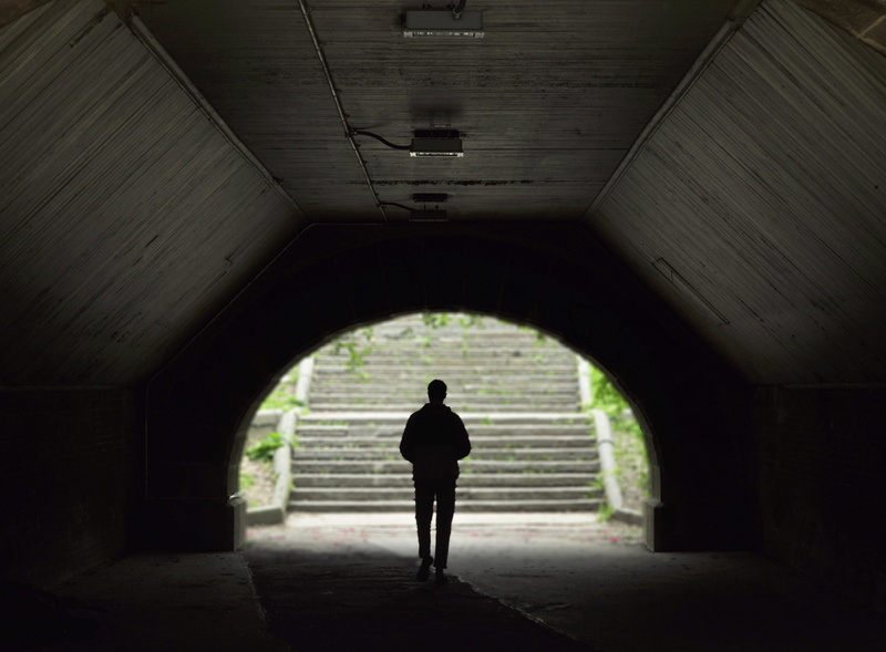 tunnel, standing, leaving, back lit, day, rear view, built structure, steps, one person, central park, person, transportation, direction, contemplation