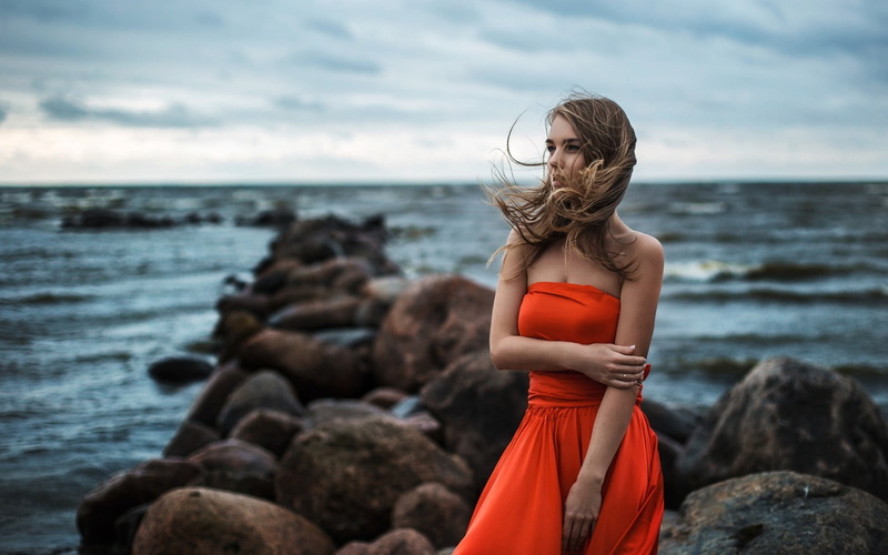 beach, hair, nature, sea, model, wavy hair, 720P, standing, beautiful woman, windy, dress, rock - object, looking away, bare shoulders, one person, outdoors