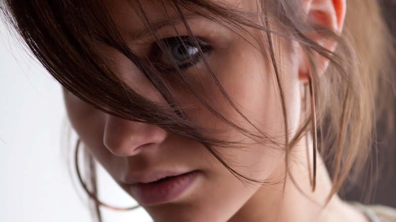 Cameron Intima, 1080P, closeup, brunette, face, women, model, hoop earrings, eyes, hair in face, blue eyes