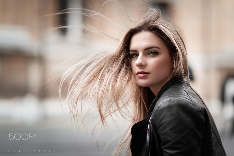 long hair, beautiful woman, leather, lifestyles, young women, portrait, women, leather jacket, jacket, young adult, outdoors, Luca Foscili, real people
