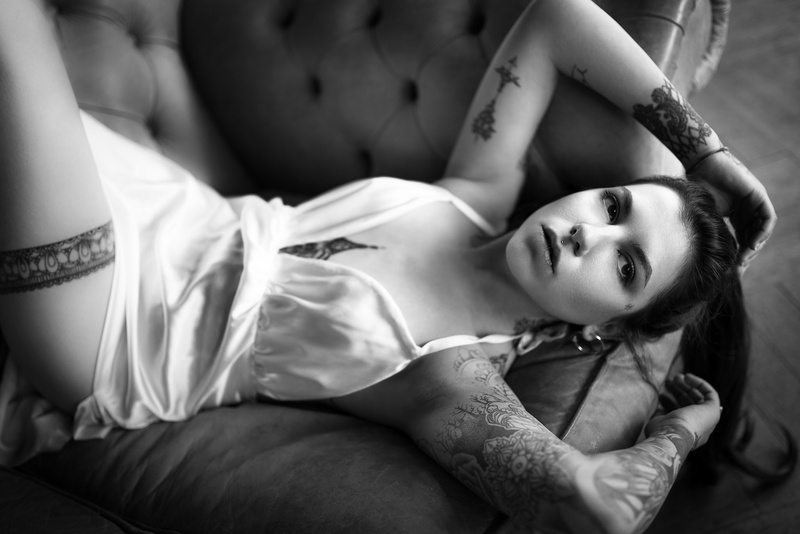 couch, dress, women, lying on back, arms up, tattoo, monochrome, 1080P, Luca Foscili