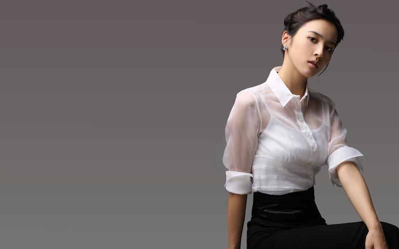studio shot, hairstyle, one person, long, shirt, button, korean, confidence, han, standing, black background, young adult, women, fashion, jin, waist up