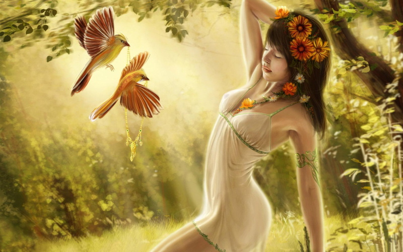 digital, fantasy, birds, fantasy girls, woman, two, dress, sheer, white, 1080P, art, painting, girl
