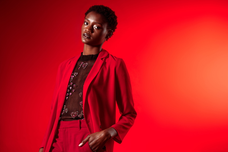 looking, top, suit, Women, red background, indoors, Red, adult, Models, waist up, looking away, Fashion, Young adult, Suits, portrait, model, colored background