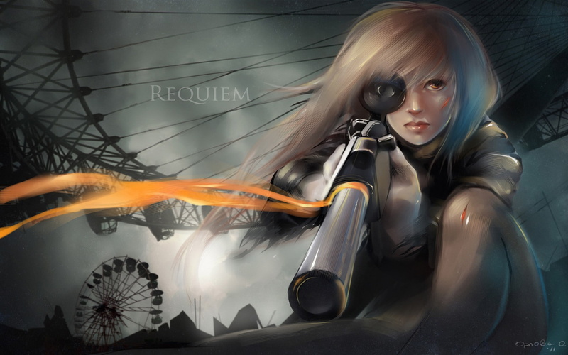 clothing, weapons, sheer, 1080P, elite, girls, anime, sniper, guns, drawings, madness, phantom, blondes, requiem