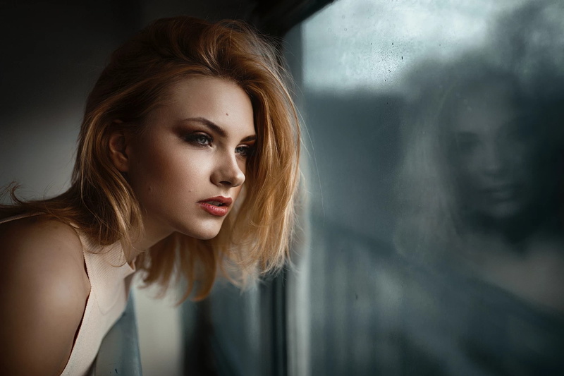 women, Carla Sonre, 1080P, Damian Piórko, Polish women, face, portrait, model, 500px, blonde, depth of field, mirror, looking away, short hair