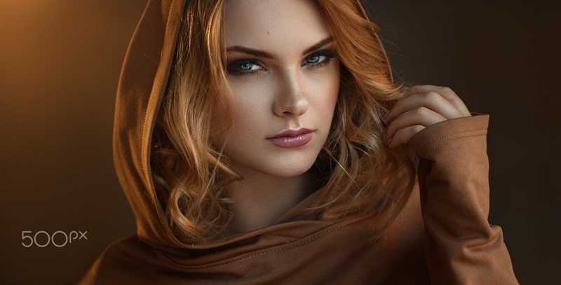 face, Carla Sonre, portrait, long hair, redhead, Polish women, 1080P, eyeshadow, blue eyes, Damian Piórko, women, hoods, bokeh