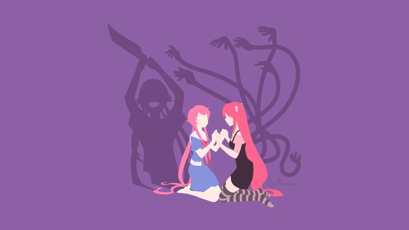 Yuno Gasai, Minimalist, Elfen Lied, Lucy (Elfen Lied), Crossover, 1080P, Vector, Anime, Mirai Nikki