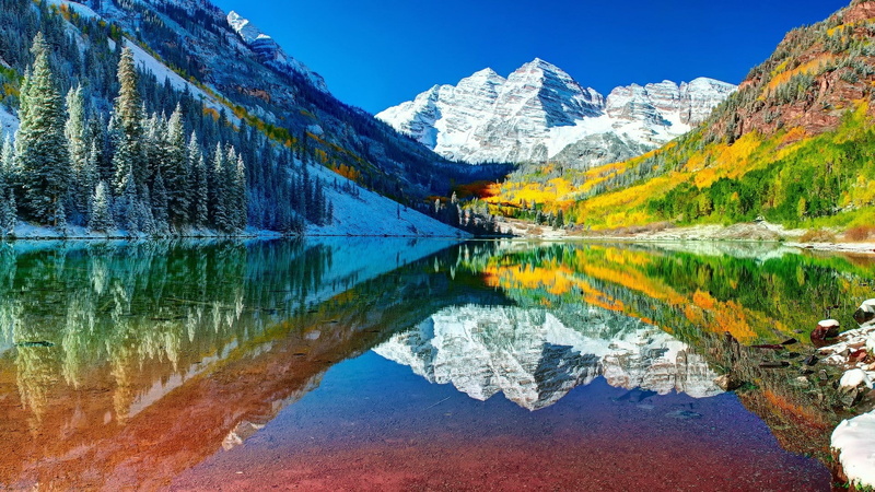 beauty in nature, nature, colorado, outdoors, aspen, mountain peak, idyllic, maroon bells, 1080P, sky, tree, water, scenics - nature, no people, plant