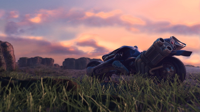 Final Fantasy VI, cruiser, selective focus, plant, beauty in nature, growth, transportation, focus on foreground, motorcycle, field, low angle view, land