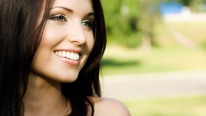 bare shoulders, women, portrait, brunette, looking away, happiness, beautiful woman, depth of field, face, hairstyle, beautiful people, young adult, trees