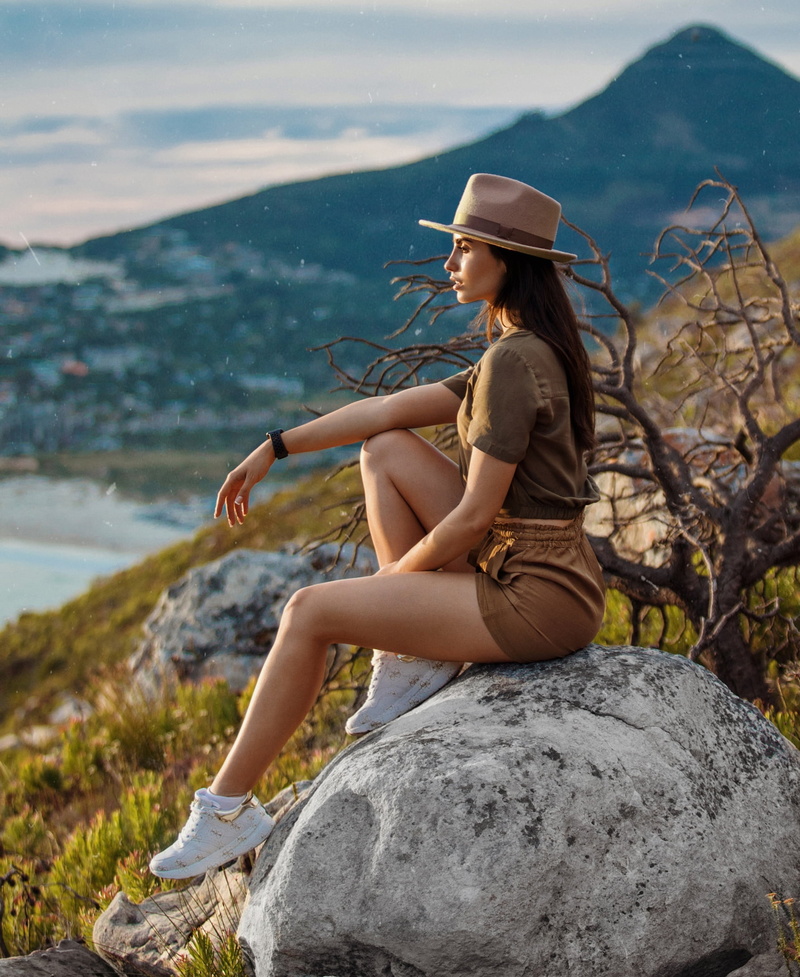 brown tops, depth of field, women, short shorts, sneakers, women outdoors, outdoors, women with hats, 1080P, long hair, Aleksandr Mavrin, profile, brunette