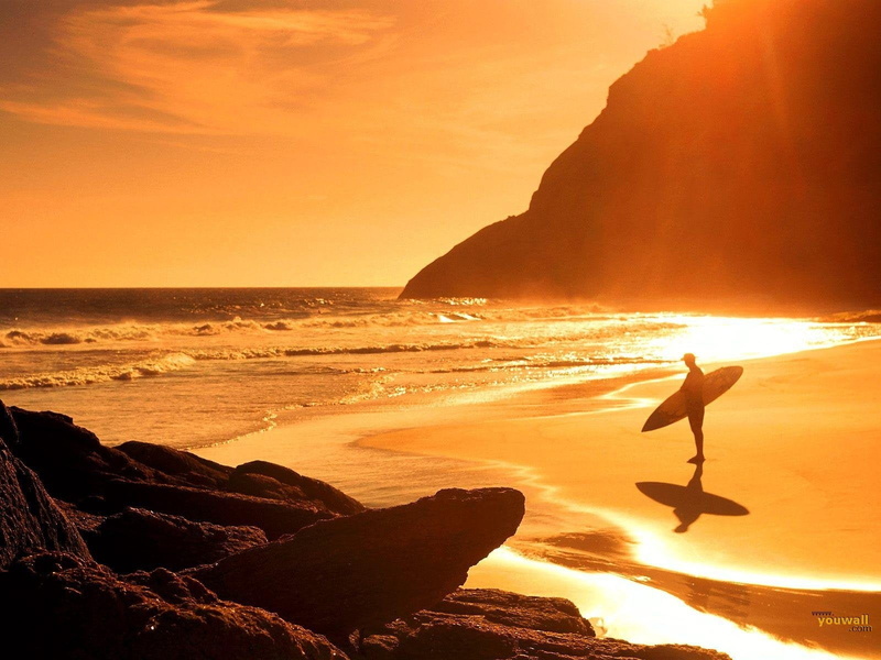 rock, scenics - nature, solid, sunlight, beach, horizon, rock - object, one person, tranquility, nature, surfers, sea, surfboards, sunset, water, lifestyles