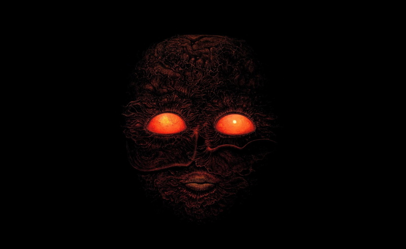 copy space, indoors, Fantasy, 2K, close-up, red, black background, alien, Artistic, art and craft, human representation, cut out, zdzislaw, illuminated