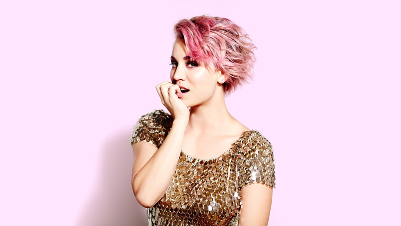 Kaley Cuoco, young women, females, young adult, indoors, pink color, beautiful people, beautiful woman, beauty, make-up, cut out, hairstyle, 4K, studio shot