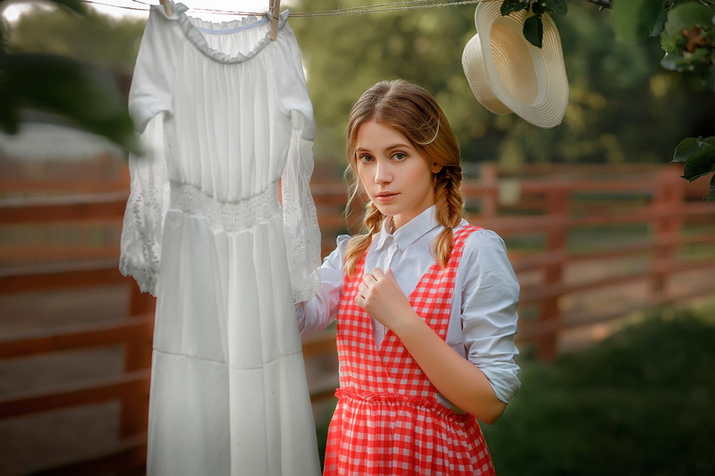 1080P, women, portrait, white clothing, hat, blonde, women outdoors, Ksenia Kokoreva, white dress, pigtails