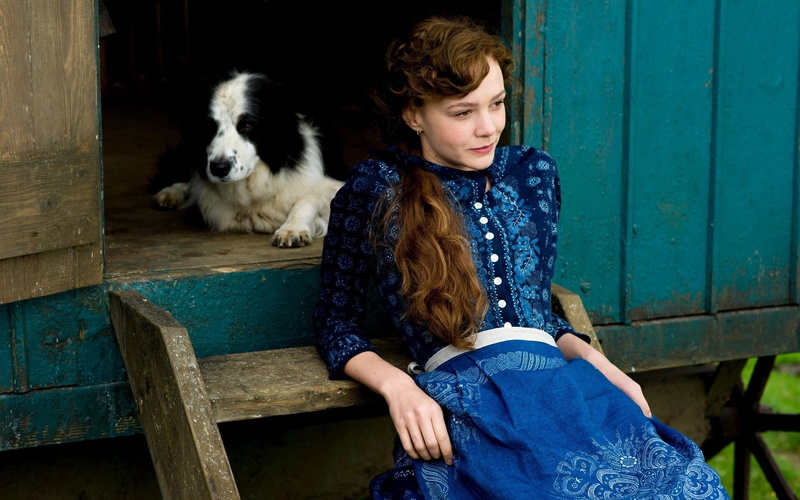 blue dress, real people, one animal, leisure activity, Carey Mulligan, dog, canine, teenager, casual clothing, hairstyle, three quarter length, domestic