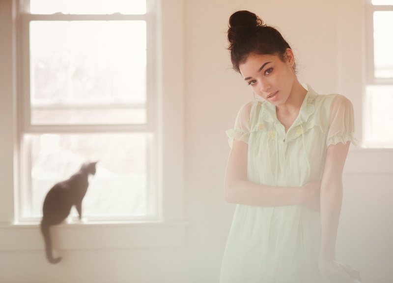 indoors, pets, window, canine, adult, brunette, dog, cat, mammal, women, standing, domestic animals, looking, pet owner, looking at viewer, front view