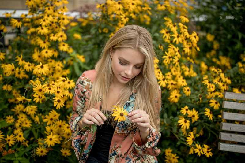 blond hair, looking down, portrait, hair, front view, floral, women outdoors, women, sleeved, beautiful woman, flower, one person, top, young adult, fragility