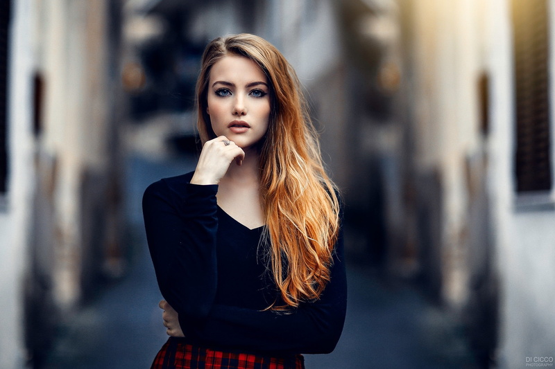 redhead, women, standing, fashion, portrait, looking at viewer, depth of field, waist up, looking, one person, hairstyle, young adult, beautiful woman