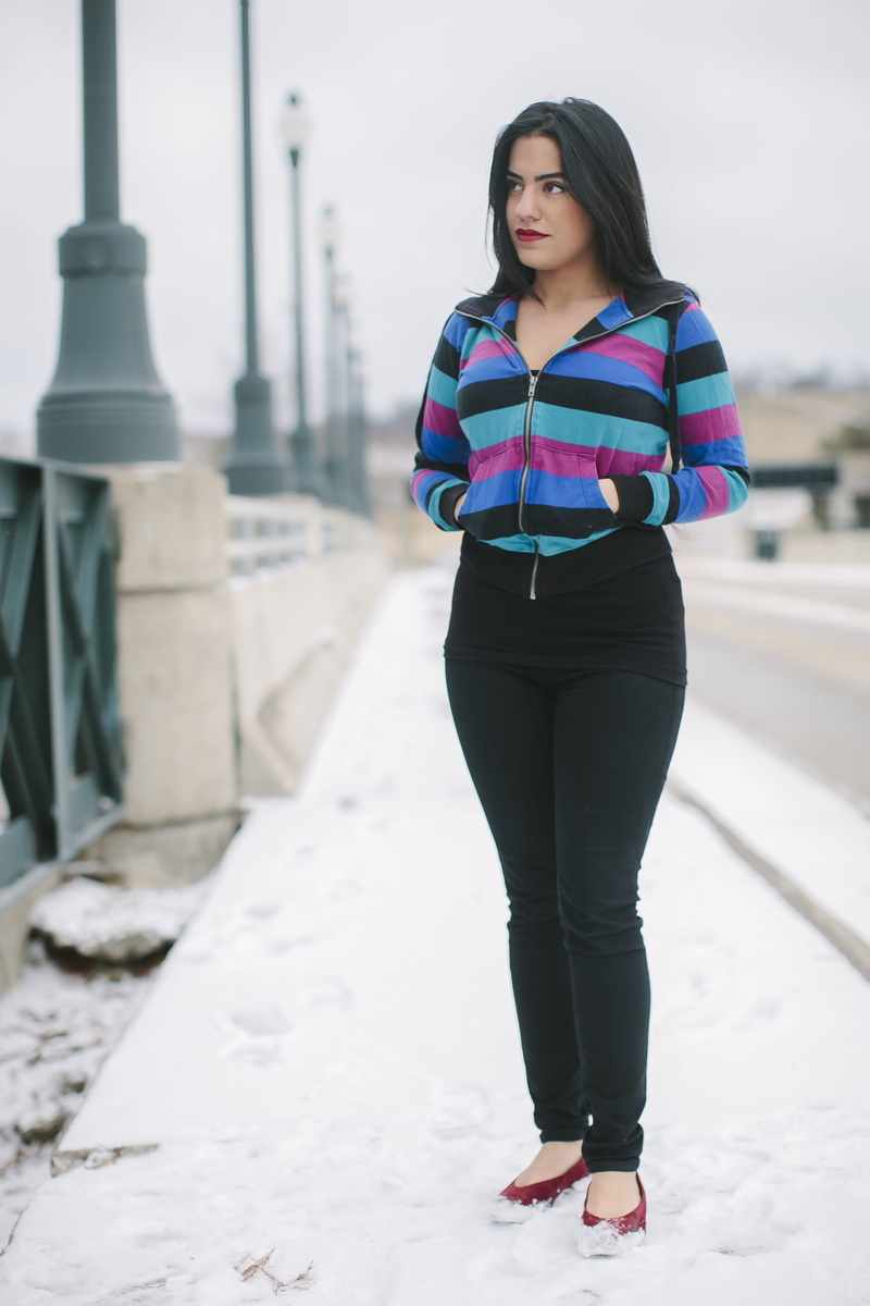snow, day, sweater, warm clothing, brunette, black, person, plano, female, real people, built structure, winter, architectural column, clothing, woman