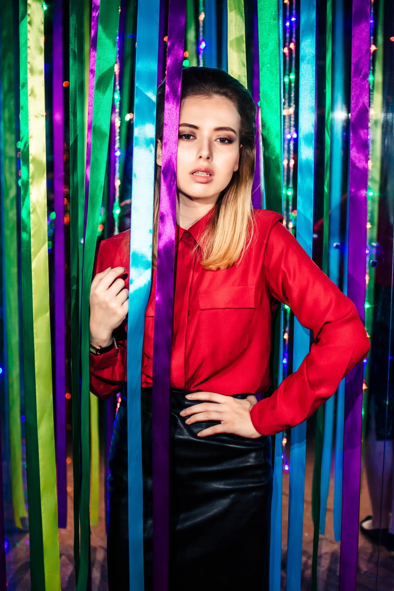 human, pattern, front view, women, young women, purple, standing, waist up, long, corridor, dress, night life, jacket, leisure activity, indoors, clothing