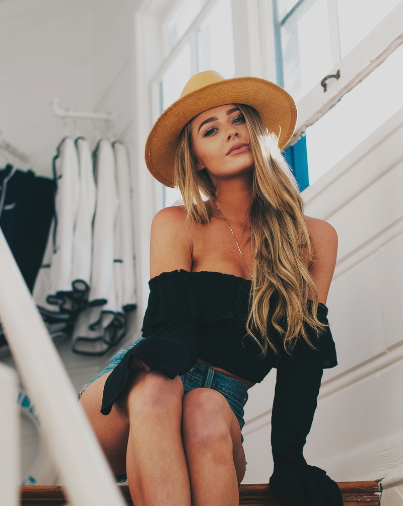 wooden, black, hair, pier, adult, three quarter length, californium, one person, blonde, malibu, hot girl, sailor, indoors, beauty, lifestyles, sun hat